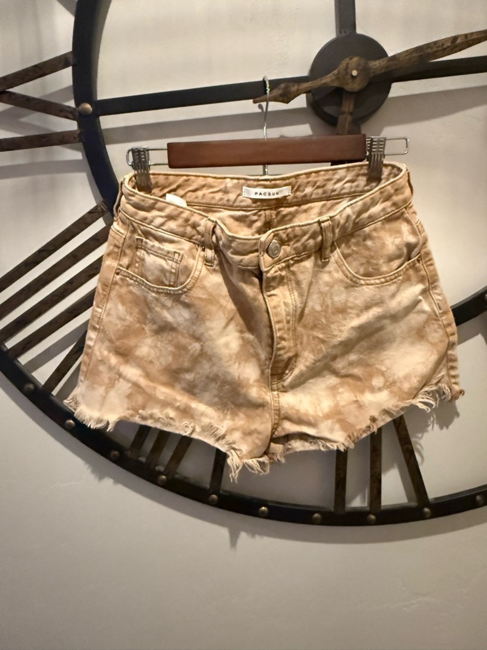 PacSun Beige Tie-Dye Frayed Hem Denim Shorts